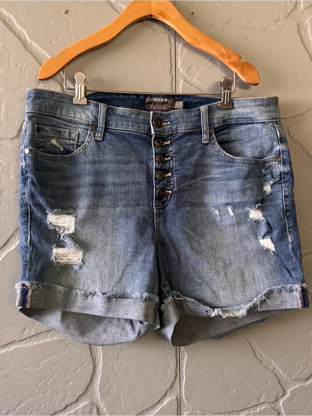 Torrid High Rise Mid Shorts Size 12 Distressed Button Fly Denim Jean Shorts
